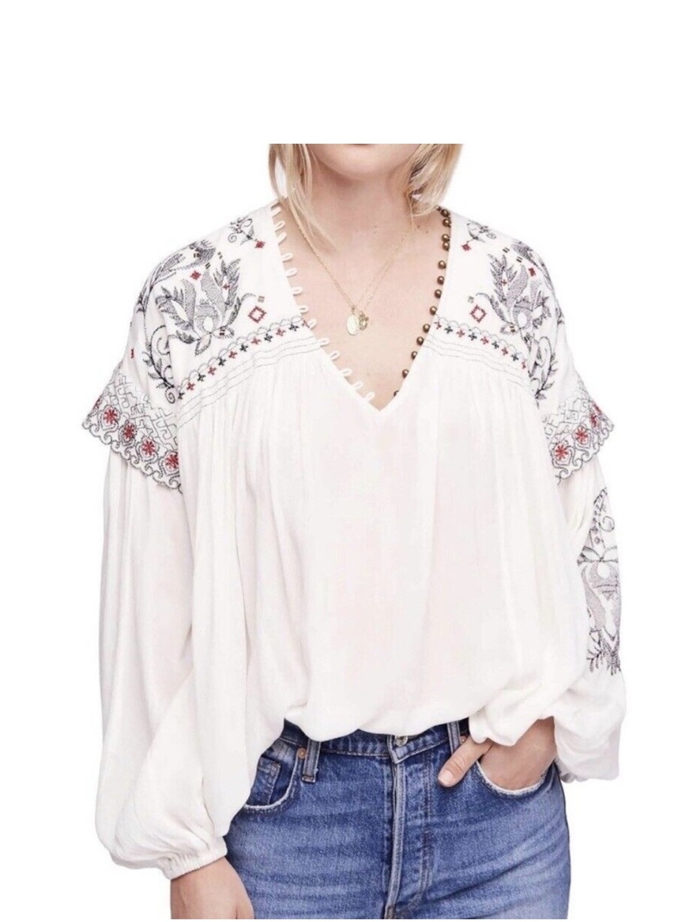 Free People Rock It Tonight Boho Embroidered V-Neck White Peasant Blouse - NWT